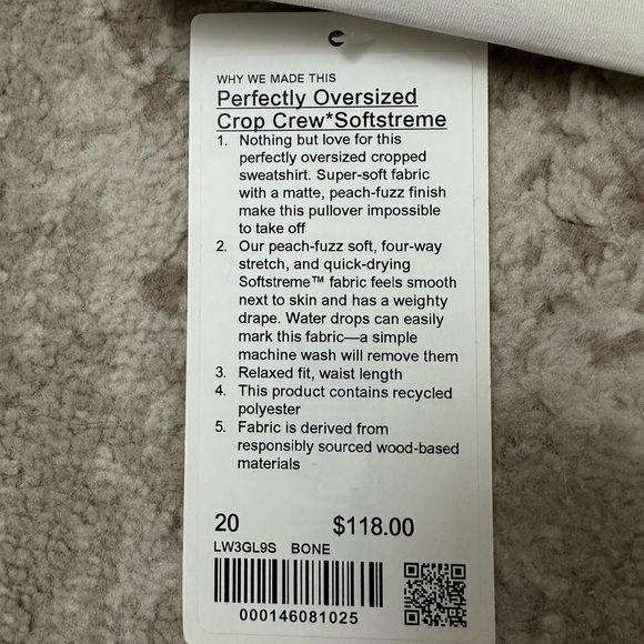 Lululemon Softstreme Perfectly Oversized Cropped Crew Size 20 NWT - Bone - Picture 4 of 4